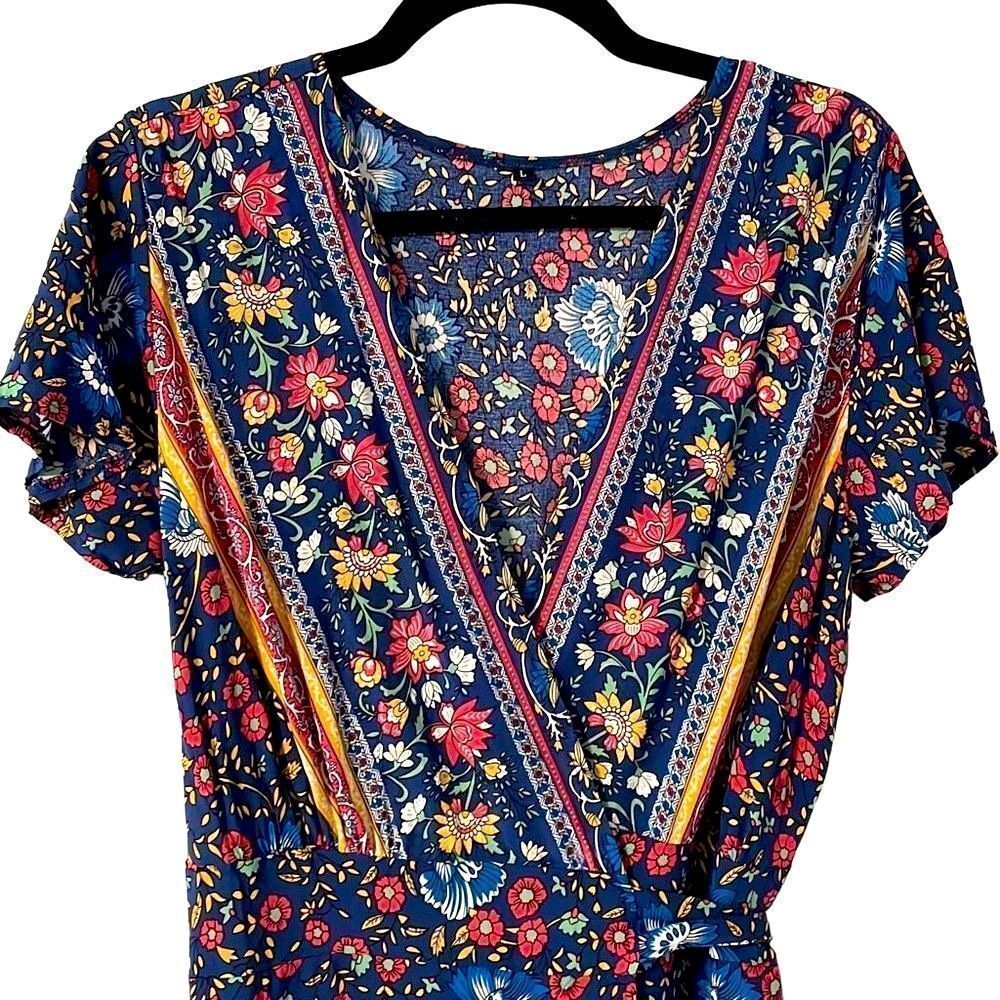 Wrap maxi dress in red, blue, black, and white floral placed print L
